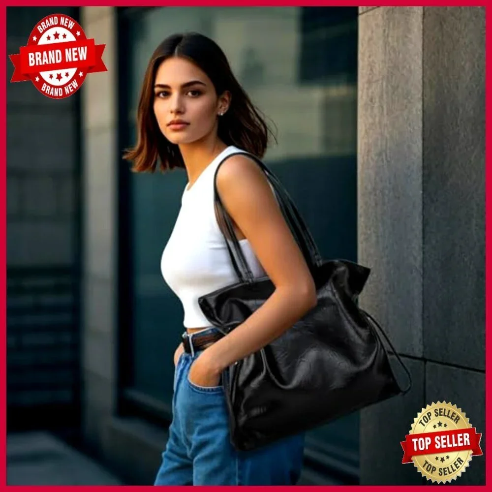 Large Vegan Leather Tote Shoulder Bag with Side Pocket